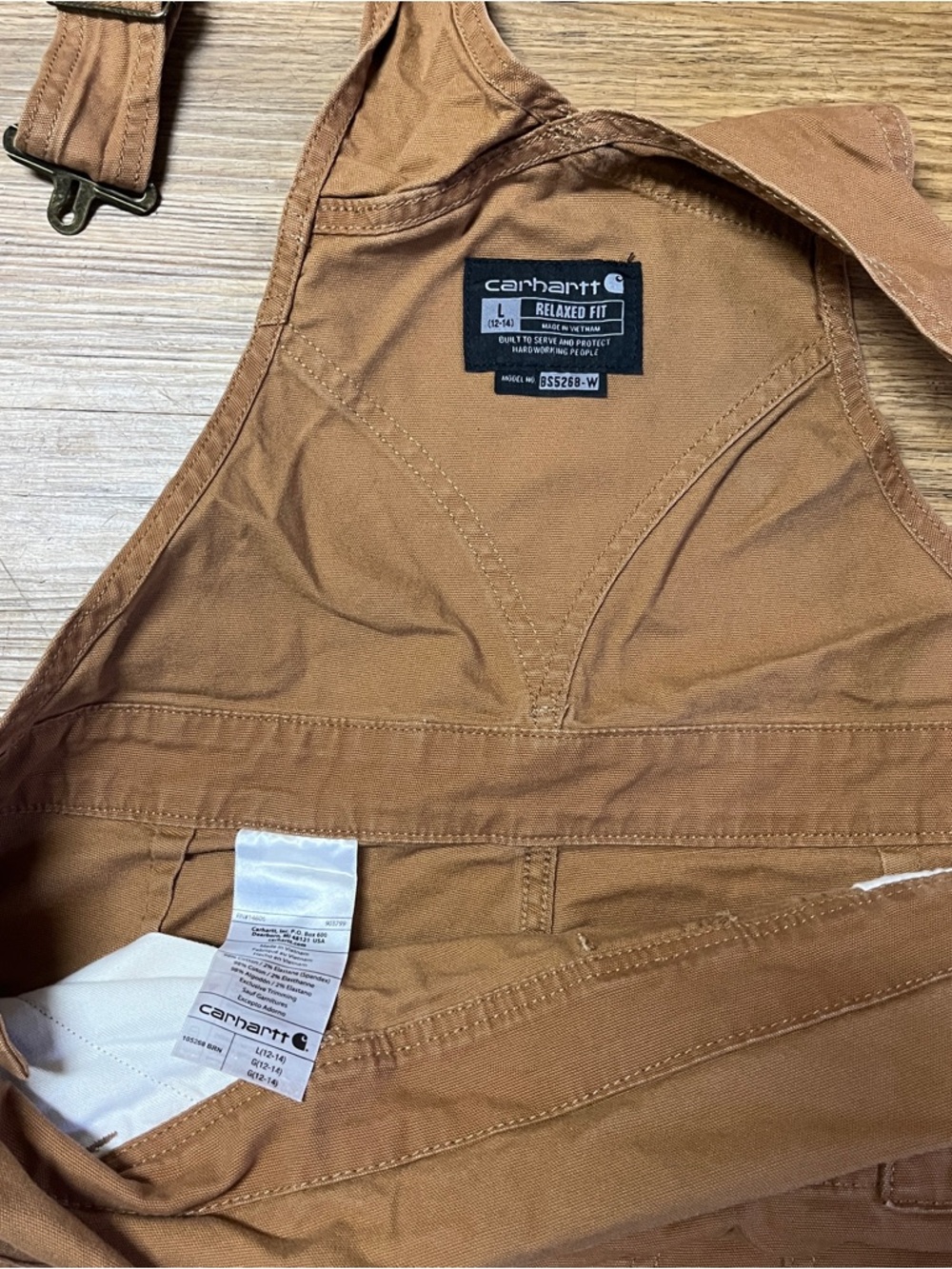 Womens Carhartt Rugged Flex Relaxed Fit Canvas Brown Shortalls Overalls Large - Picture 7 of 10